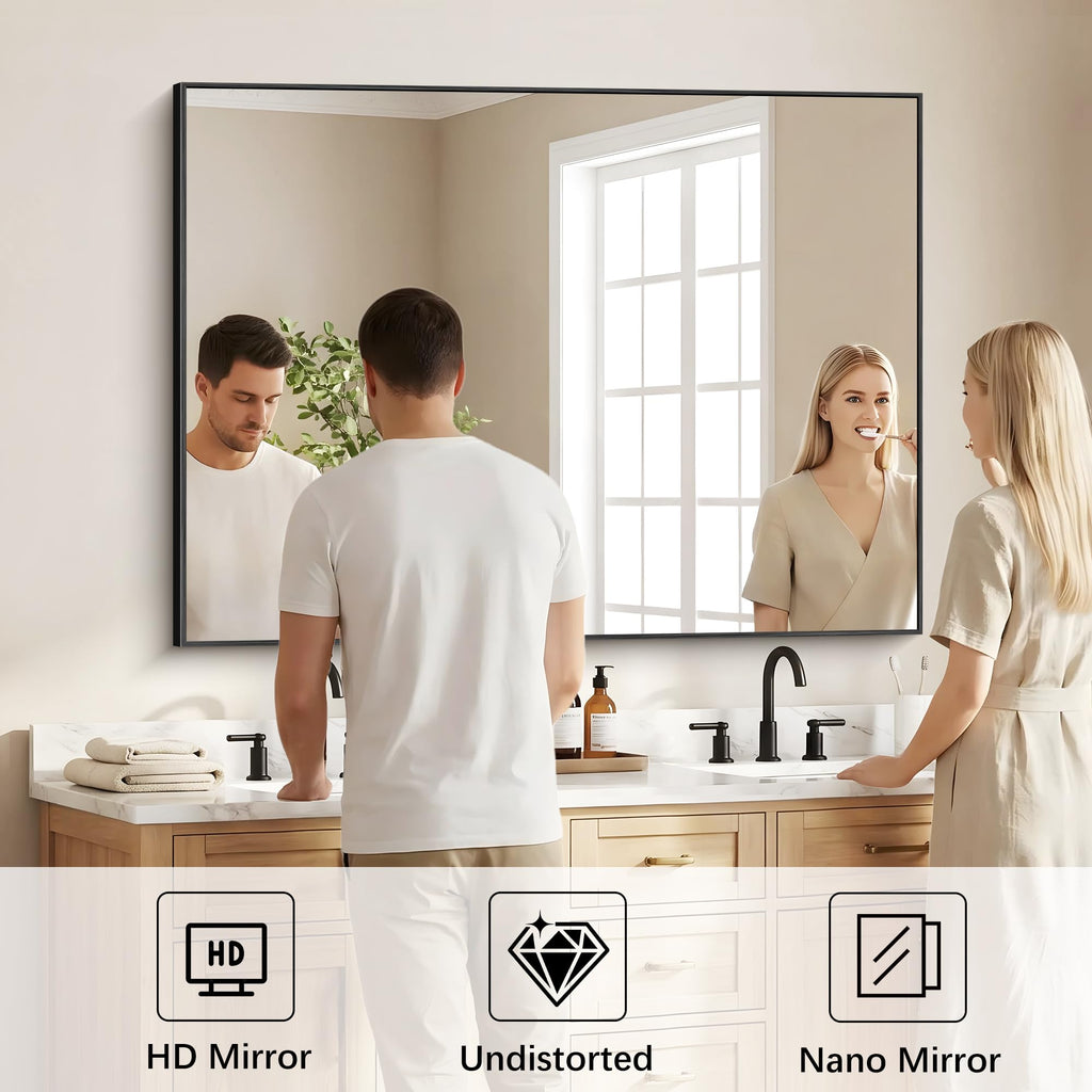 Black Bathroom Mirror for Wall, 36x48 Inch Rectangle Mirrors with Metal Frame, Modern Vanity Wall Mirror Decor Hangs