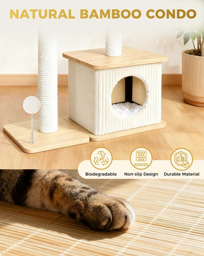 29" Small Cat Tree, Boho Wood Cat Tower with Sisal Scratching Post