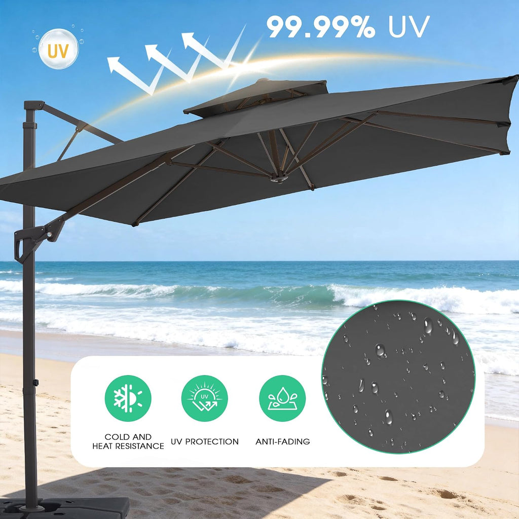9x9 ft 2-Tier Cantilever Patio Umbrella, Large Square Outdoor Offset Umbrella with Double Top Vent and 360-degree - Gray