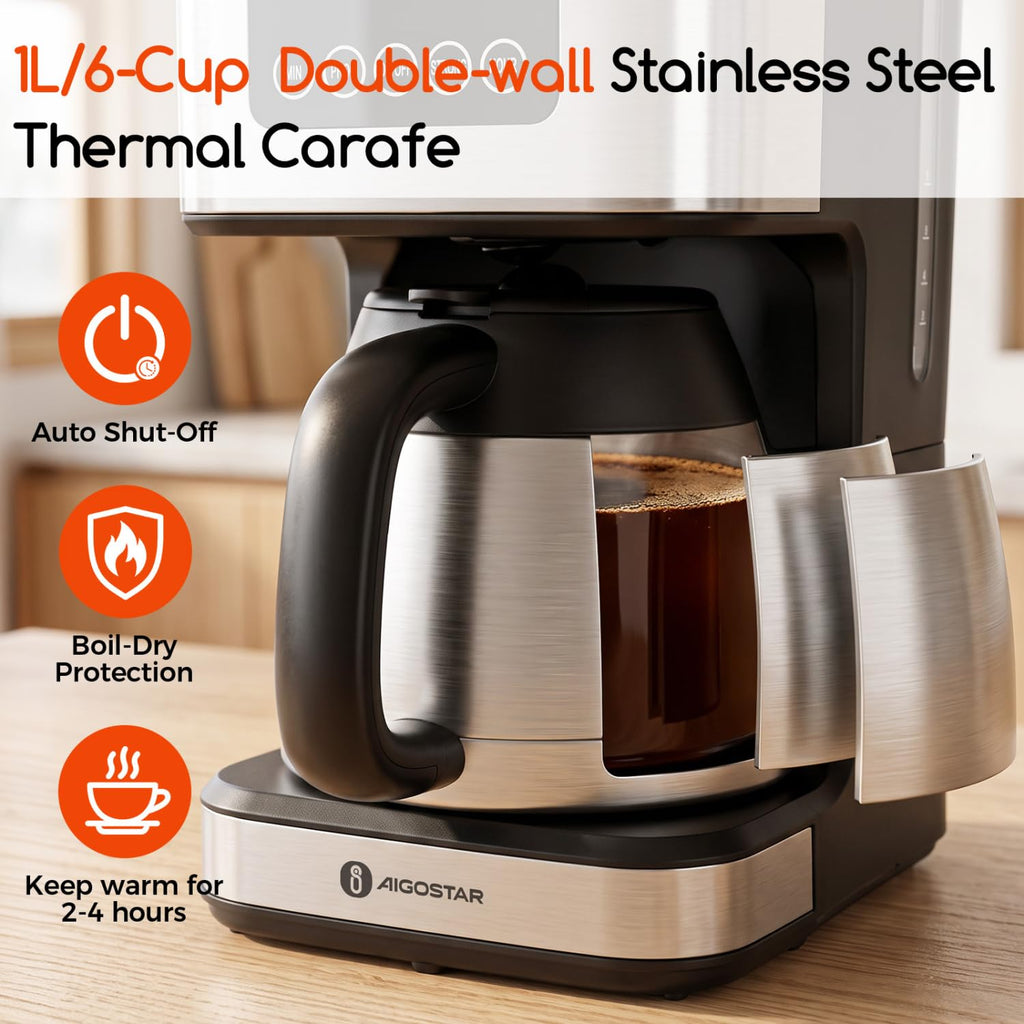 Programmable Coffee Maker with Thermal carafe, Black & Silver