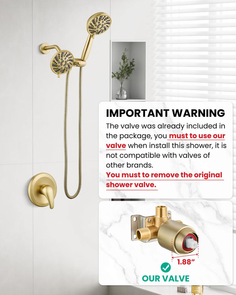 Dual Shower Head Kit with Valve 6 Mode Handheld Brushed Gold