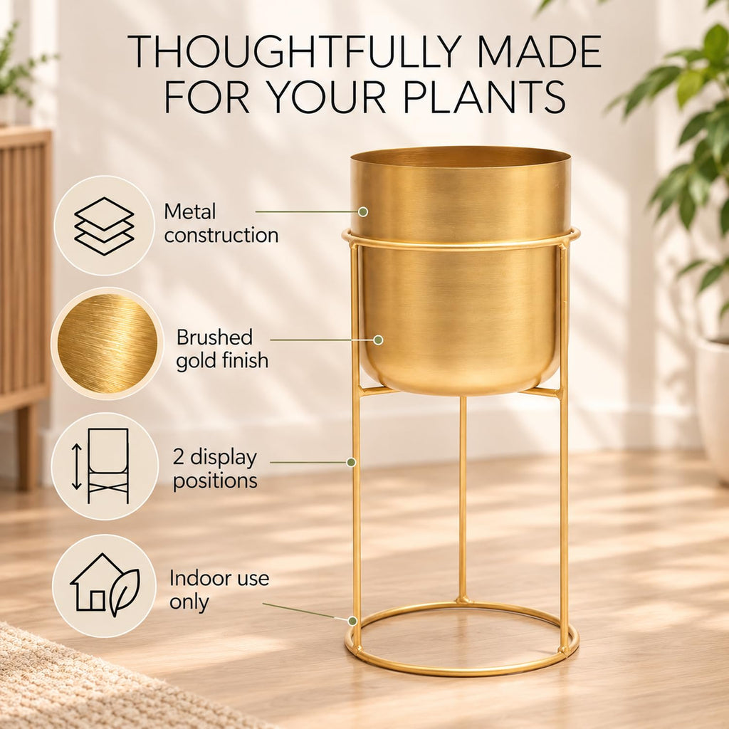 Matt Metal Plant Pot with Gold Plant Stand - Tall 20 Inch Height Large Plant Pot Indoors with Stand - Large