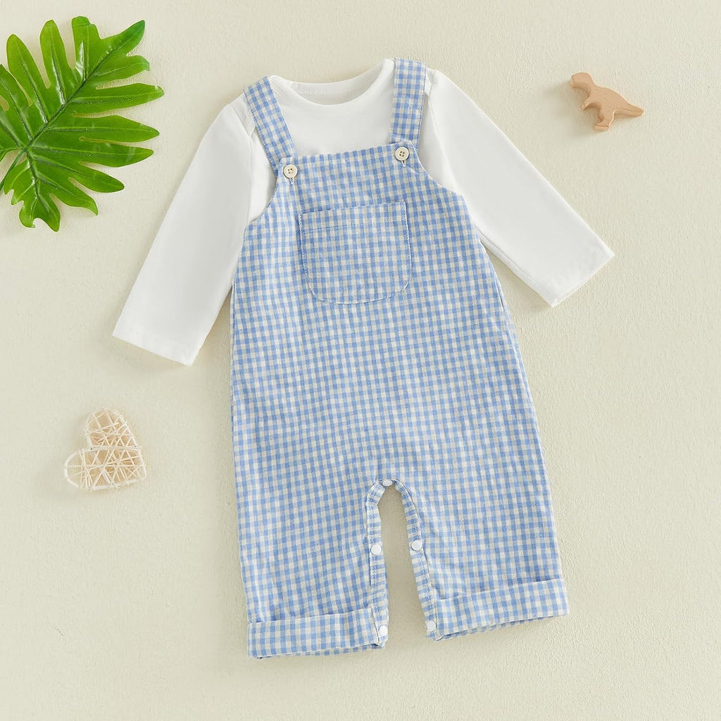 Newborn Infant Baby Boy Clothes Long Sleeve Romper Top Gingham Plaid Overall Pants Hat 3Pcs Fall Winter Outfits Set