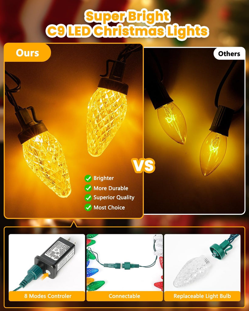 C9-Christmas-Lights-Outdoor,88FT 110LED String Lights with 8 Lighting Mode,Waterproof Connectable UL Certified Warm