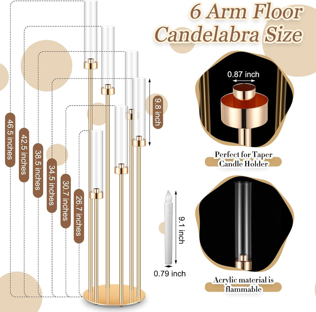 4 Sets Acrylic Candelabra Centerpieces 46.5'' Tall Clear Candle Holders Pillar Taper Candlestick with Lampshades 6
