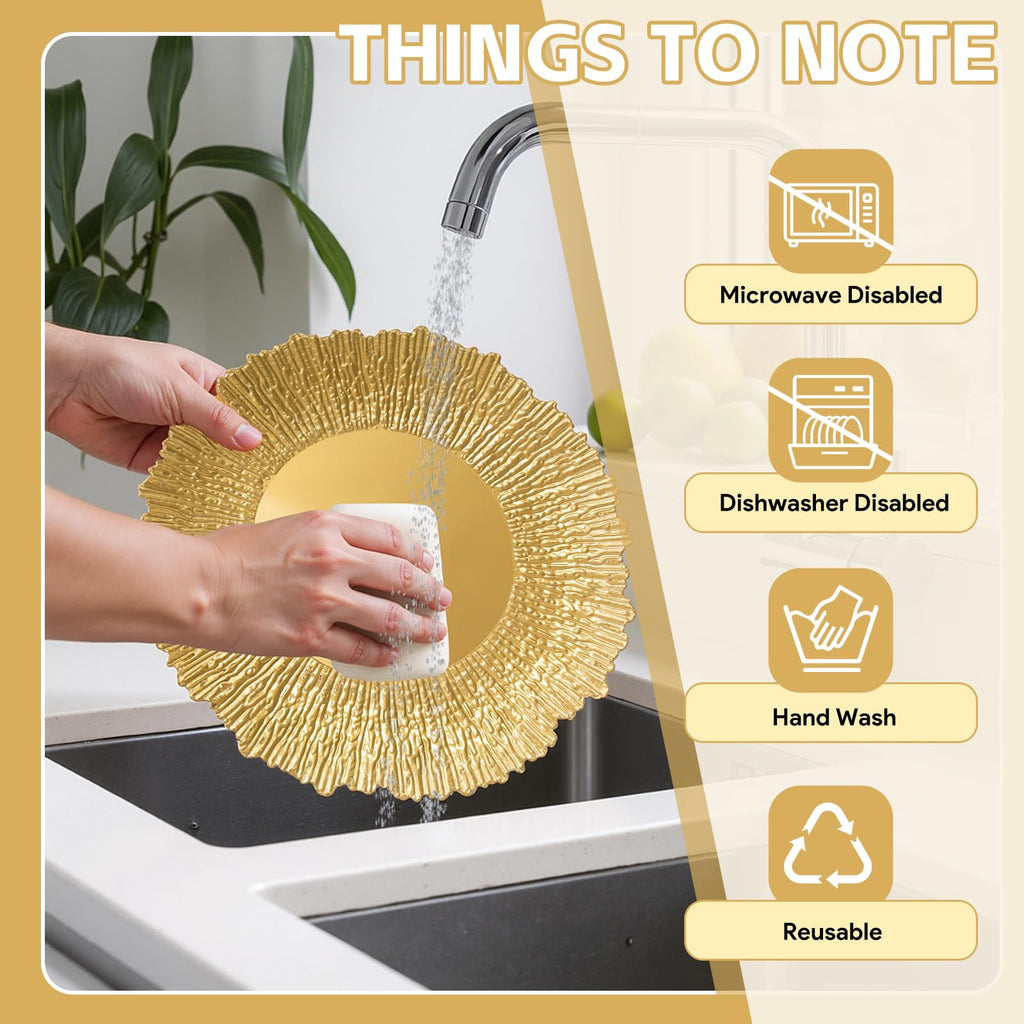 12 Pcs Gold Chargers for Dinner Plates, 13" Reusable Reef Serving Gold Chargers, Round Plastic Shiny Decorative