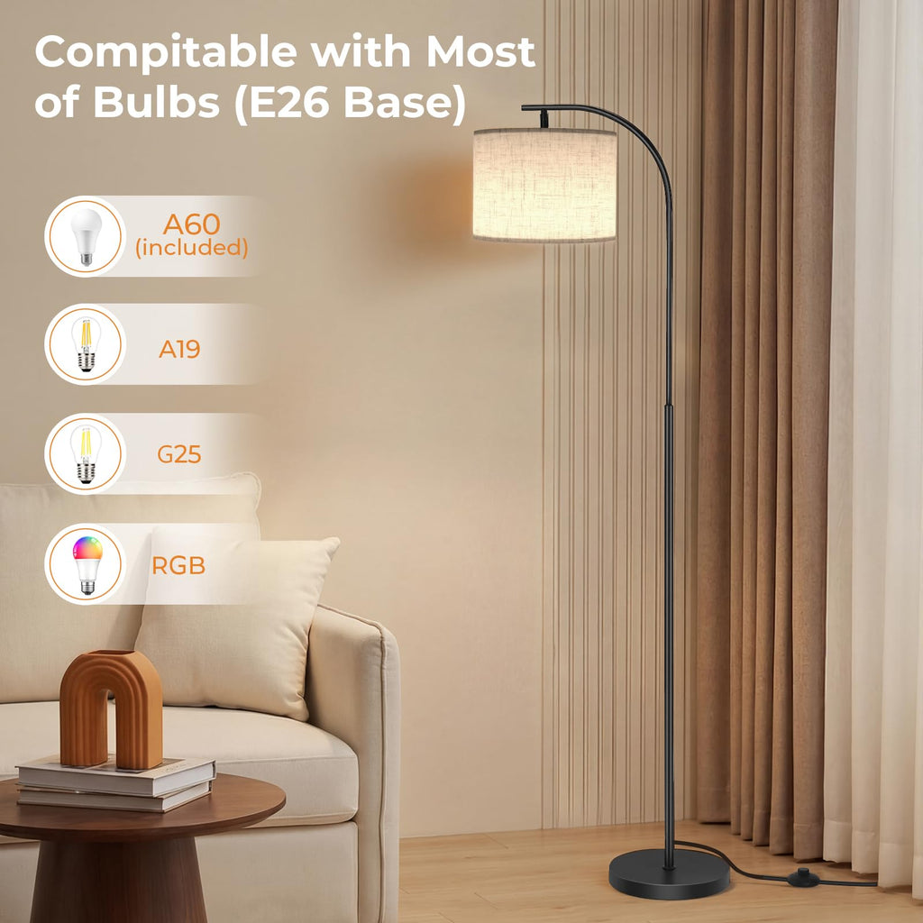 Floor Lamp with Linen Shade, Arc Dimmable Tall Standing Lamp with Remote Control, Modern Floor Reading Light Bedroom