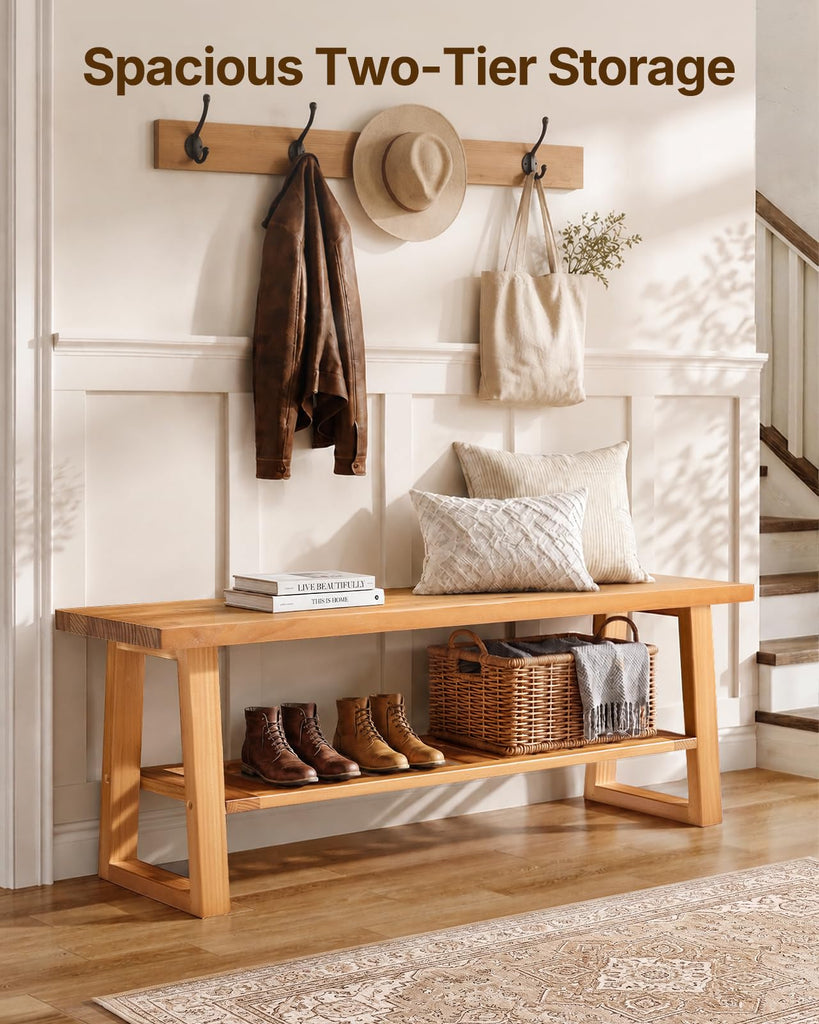 43" Pine Wood Entryway Bench with Shoe Storage Shelf