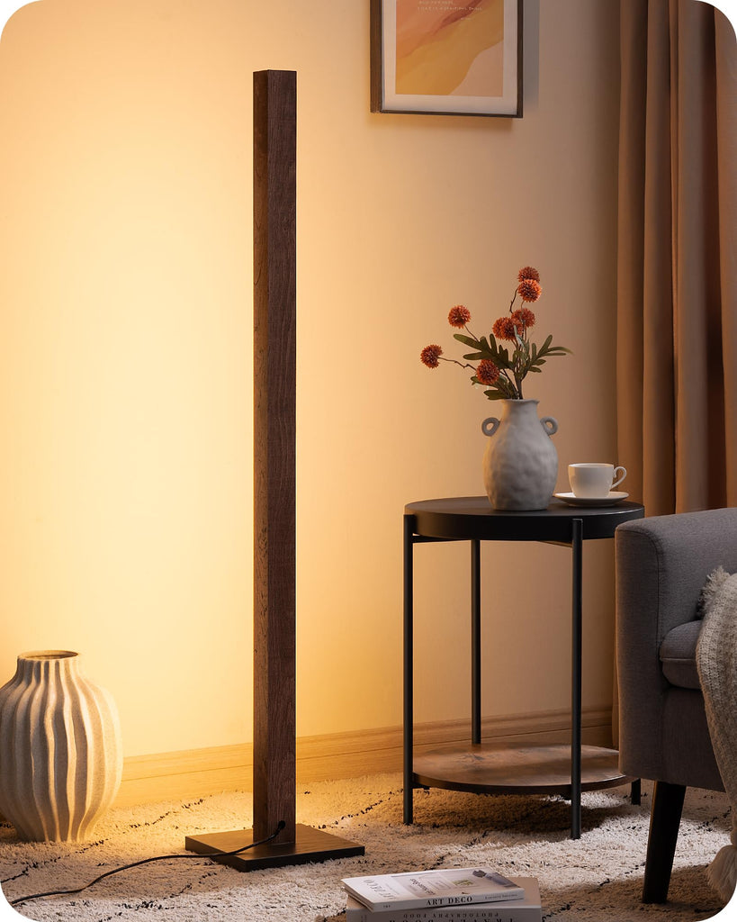 48.43" Wooden LED Corner Floor Lamp with Remote, Dimmable & 7CCT