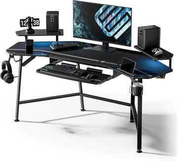 Gaming Desk Wing Shaped Keyboard Tray 72 Inch Black | LED monitor stand with dual headphone hooks and cup holder