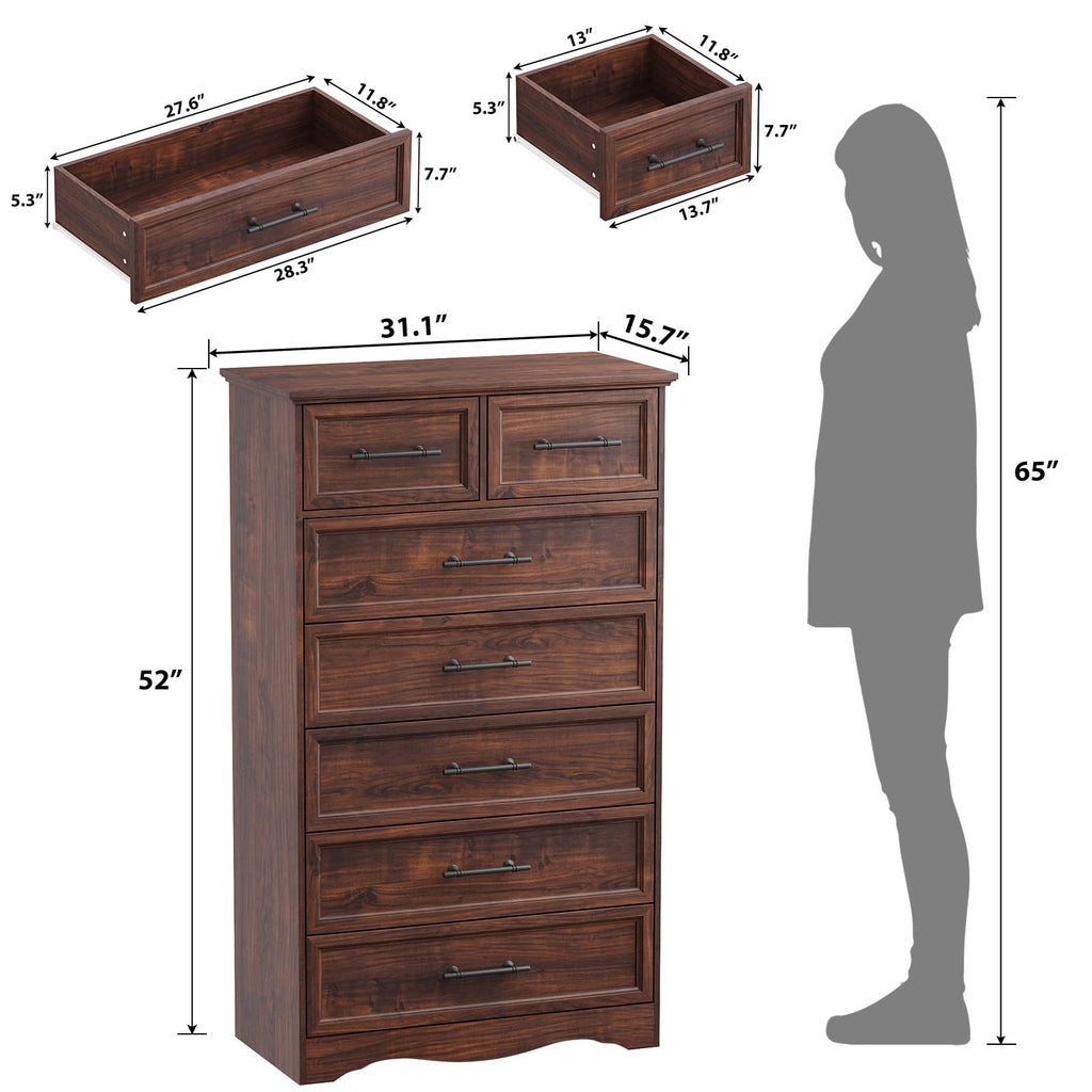 Walnut 7 Drawer Dresser, 52" Tall Chest of Drawers