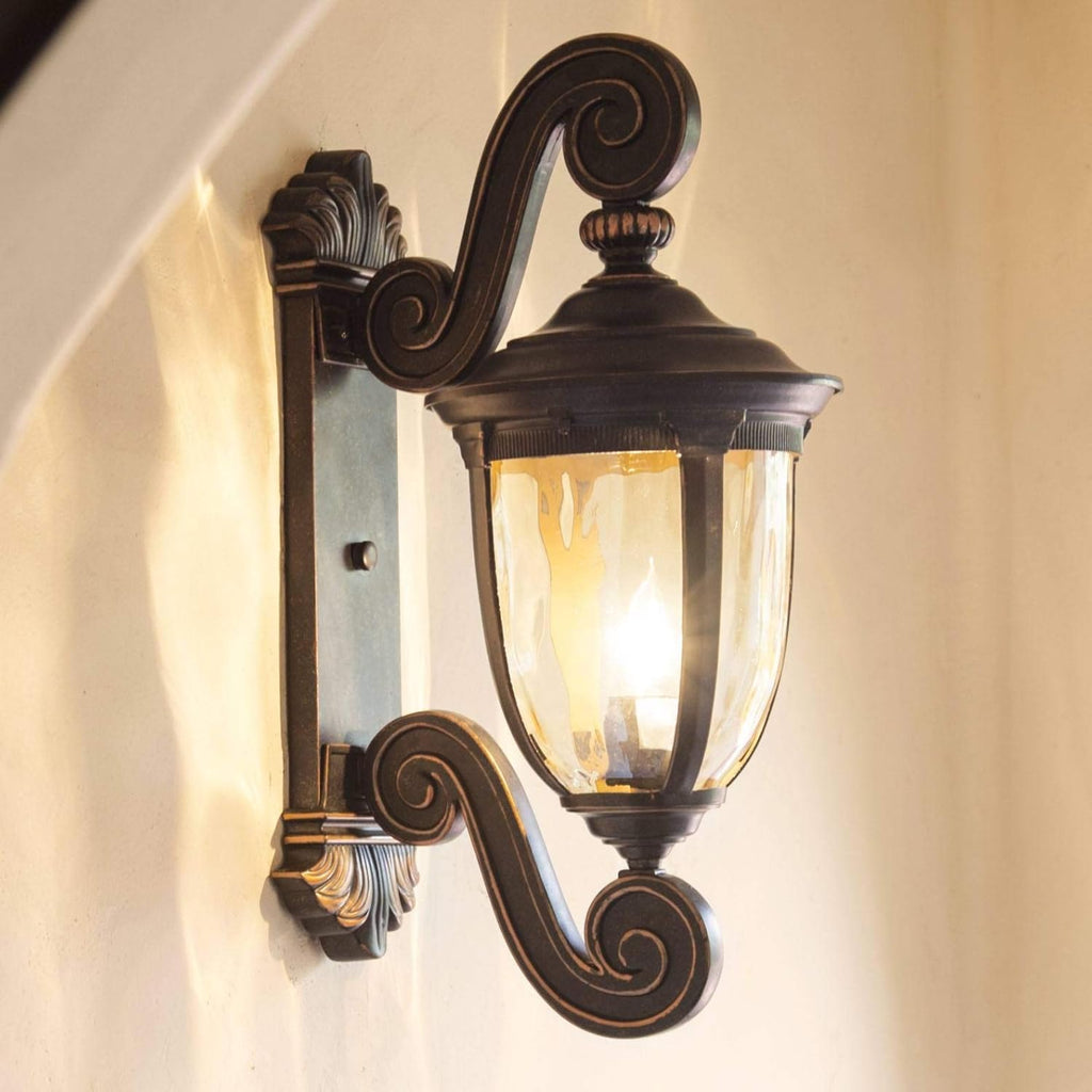 Bellagio 24" Bronze Dual Scroll Arm Outdoor Wall Light with Champagne Hammered Glass