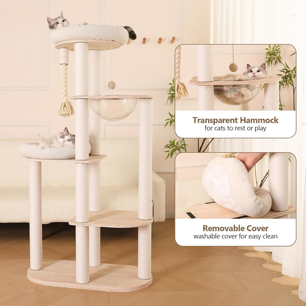 59" Modern Cat Tree Multi-Level Large Cat Tower Heavy Duty Wooden Cat Tree with Hammock, Cotton Scratching Post