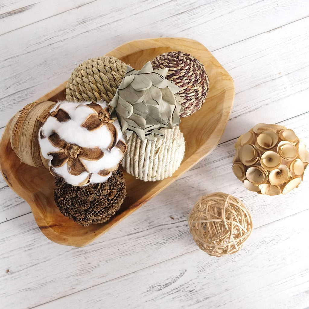 Decorative Balls Spherical Assorted Brown White Orbs Rustic Natural Twig Rattan Woven Cotton Balls for Vase Bowl - Set of 9