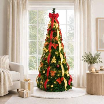 7.5Ft Prelit Pop Up Christmas Tree Decoration, Collapsible Artificial Xmas Tree with 200 Warm Lights, Pre Decorated