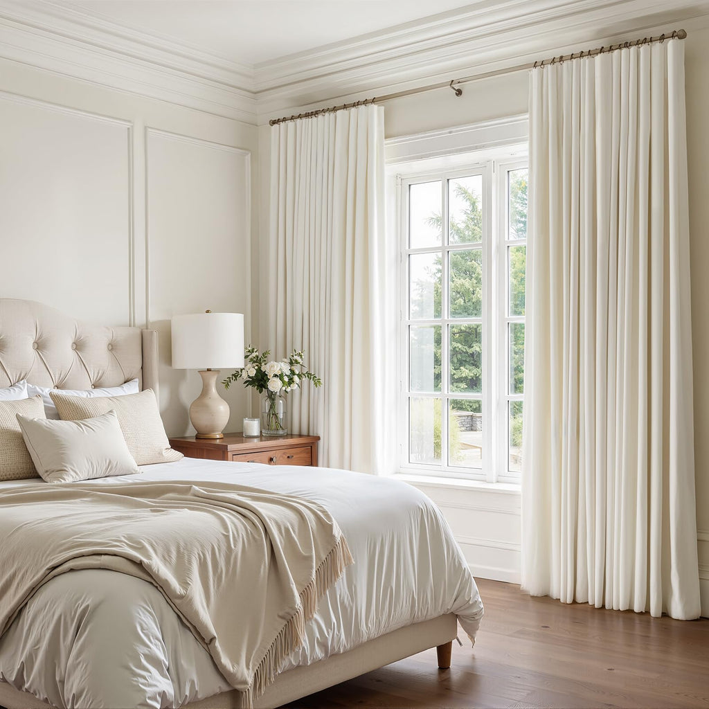 Ivory 100% Blackout Velvet Curtains 108 Inches Long 2 Panels with Hooks Luxury Velvet Black Out Thermal Insulated