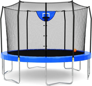 Trampoline Outdoor 8 FT, 12 FT, 15 FT Jump N' Dunk Round Outdoor Trampoline with Net, Trampoline Mat, and Basketball