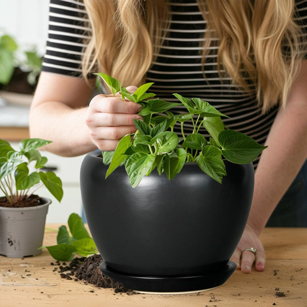 Ceramic Planter Pot - 8 Inch Plant Pot with Drainage Hole and Saucer Round Planter for Indoor Plants Modern Outdoor