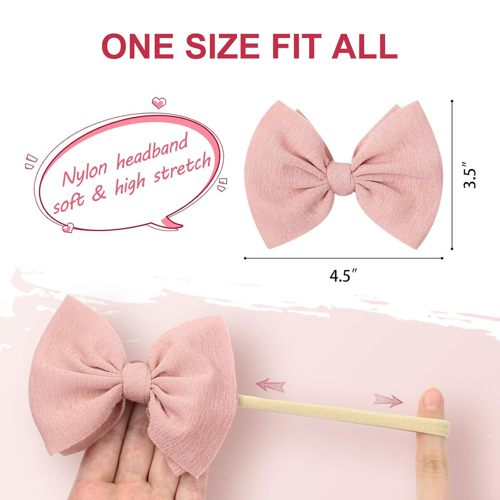 4.5'' Nylon Bow Headbands for Baby Girls - Handmade Tied Bows Hair Accessories for Infants and Toddlers - 10 Pieces