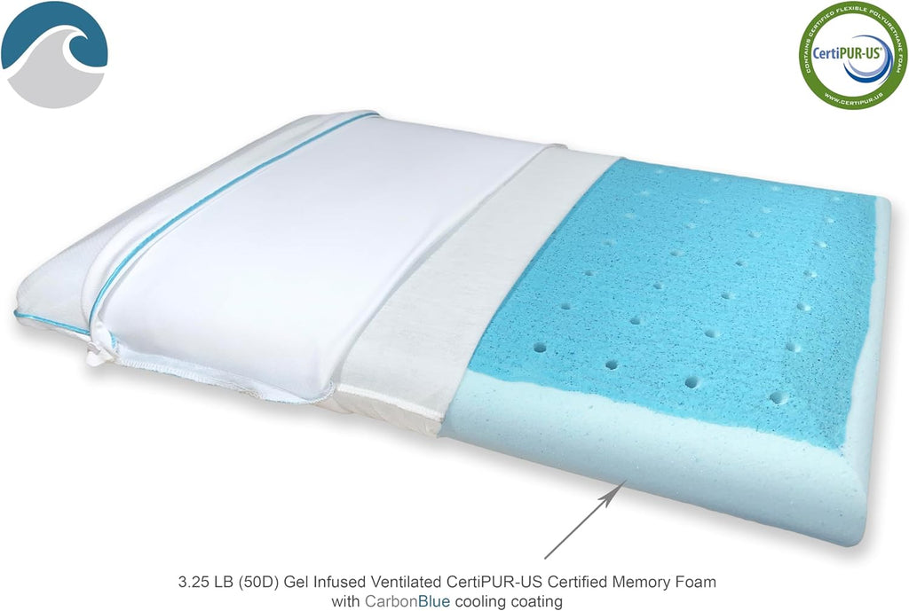 Bedding Super Slim Max Cool CarbonBlue Gel Memory Foam Pillow for Stomach and Back Sleepers - Thin, Flat Design with