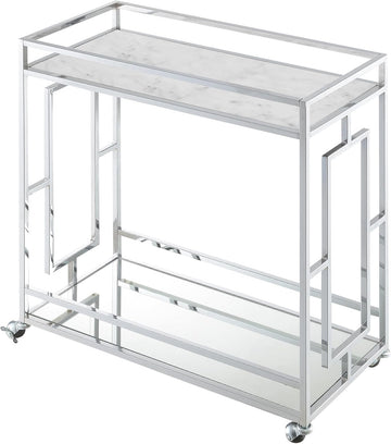 Town Square Chrome Faux Marble Mirrored Bar Cart 29.25" - Modern 360-Degree Swivel Serving Cart with Storage Shelf