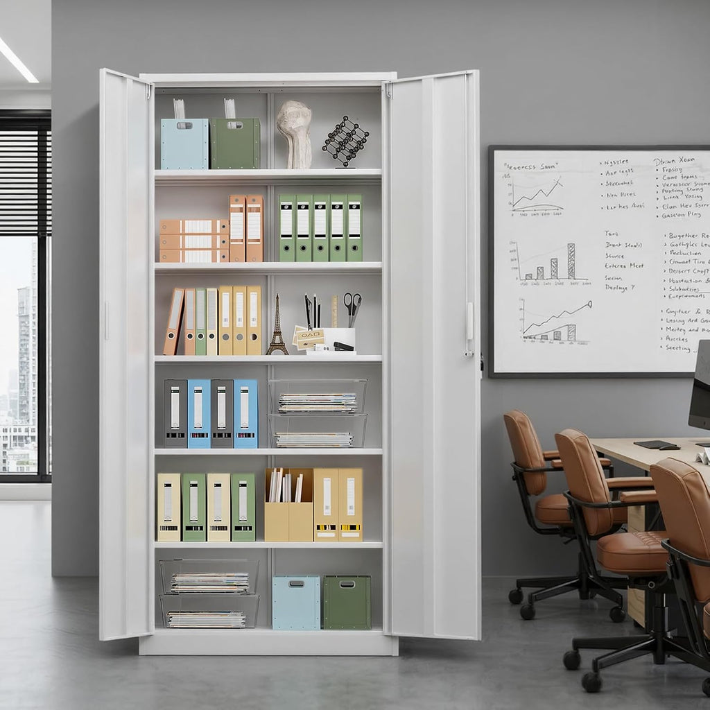 Metal Garage Storage Cabinet with 2 Doors and 5 Adjustable Shelves, 71" Tall Steel Lockable File Cabinet, Locking