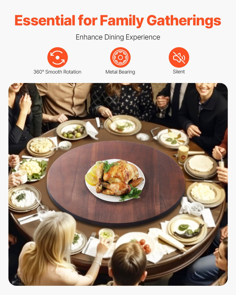 24 in Wood Lazy Susan Turntable, 360° Rotation Round Clear Tabletop Rotating Tray, Acacia Wood Dining Table
