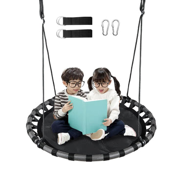 43 inch Black Saucer Tree Swing for Kids, Flying Round Swing Waterproof and All-Weather Resistant, PP Mat, Adjustable