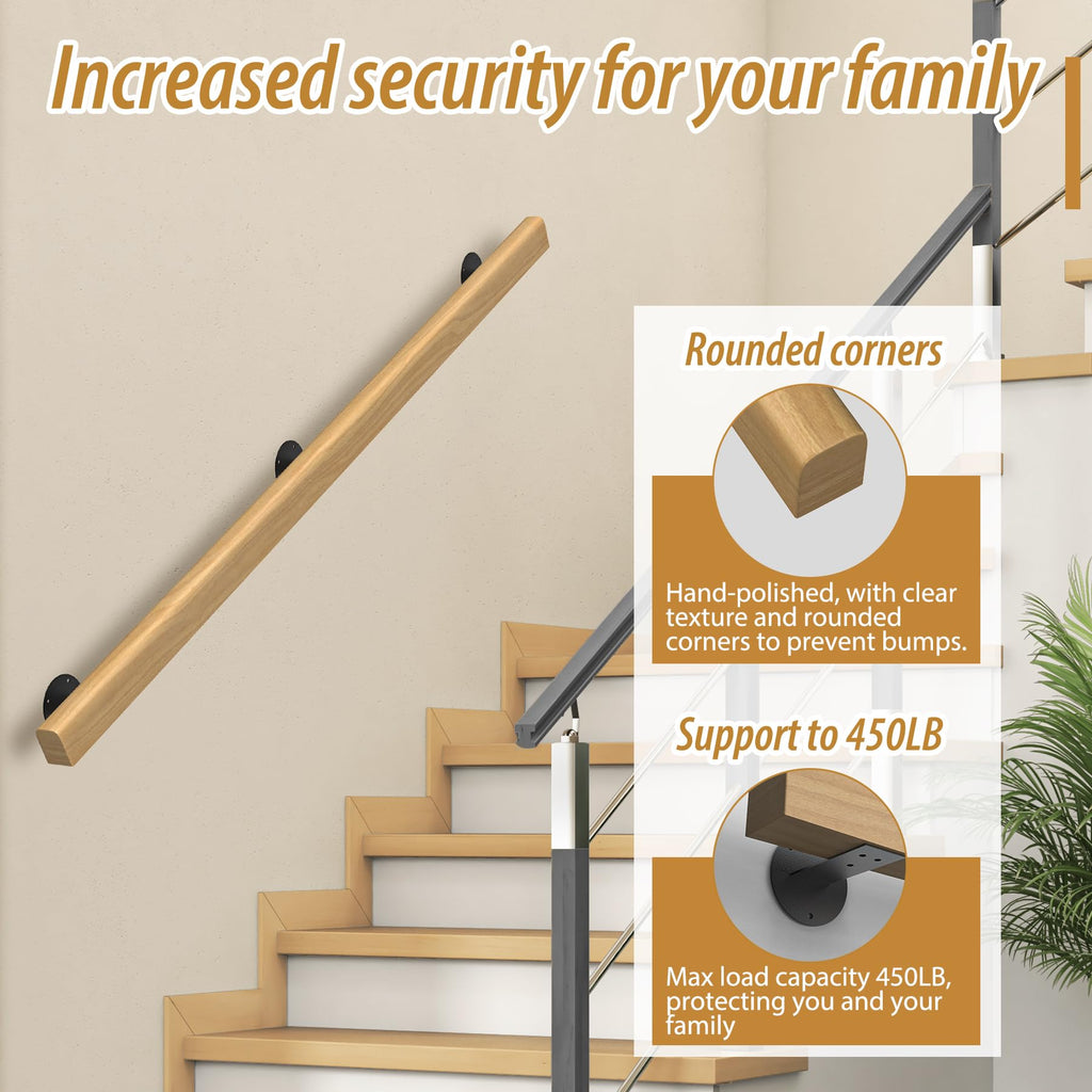 10FT Wooden Stair Handrails Indoor Outdoor Wall Mount
