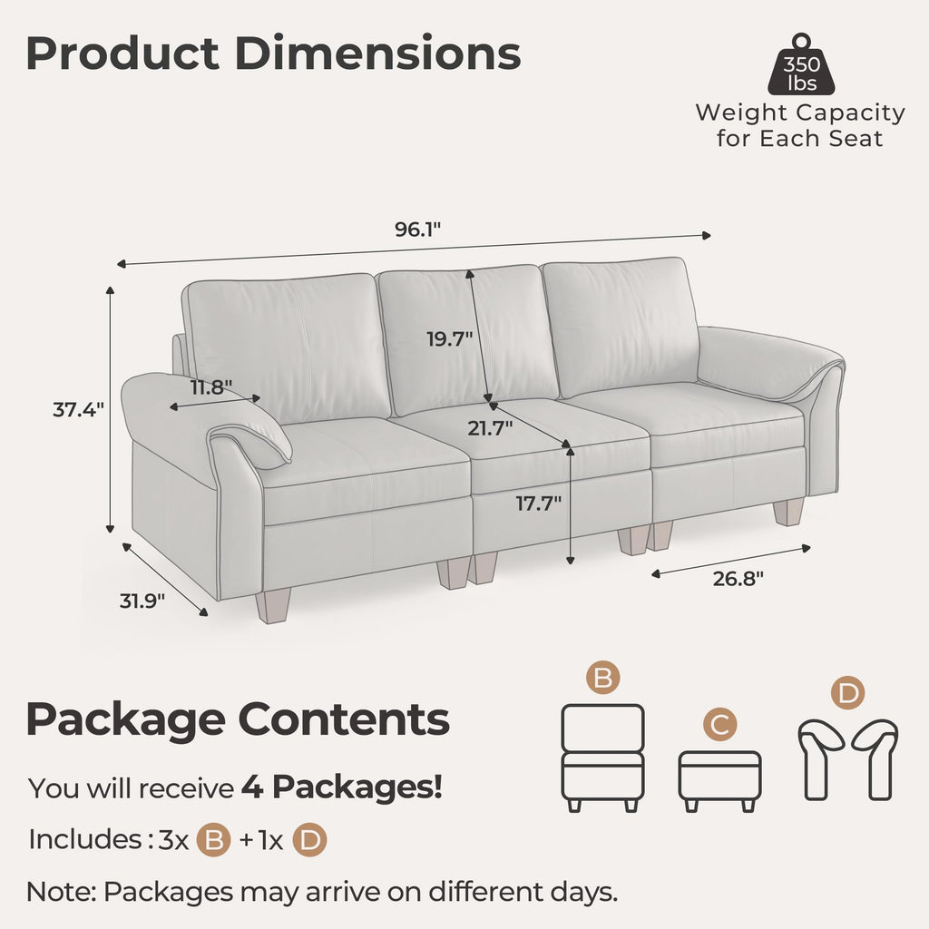 Faux Leather Sectional Couch, 3 Seater Sofa, Gray