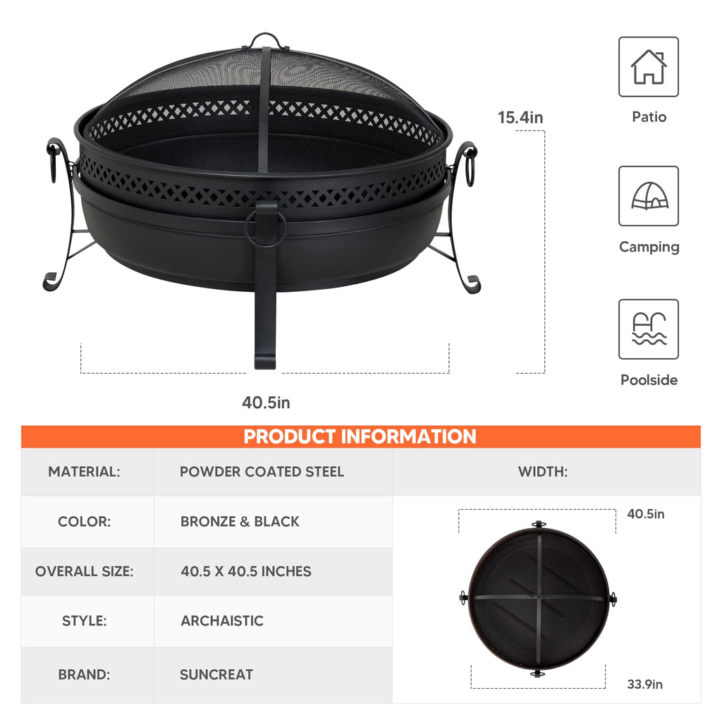 Outdoor Patio Fire Pit with Mesh Spark Screen, 40" Portable Fire Pit for Camping, Outside, Black
