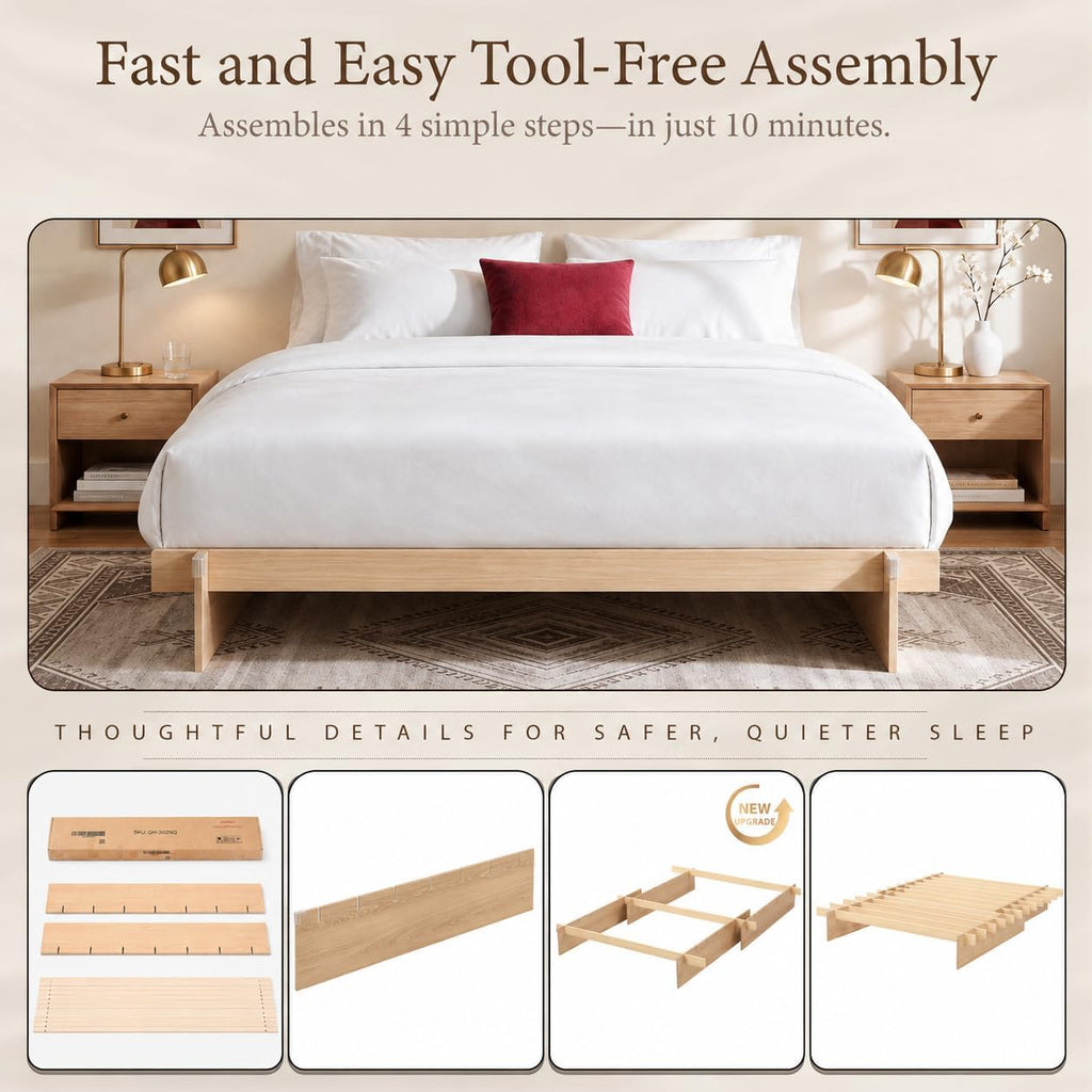 Wood Platform Bed Frame, Japanese Joinery Tool‐Free Bed Frame