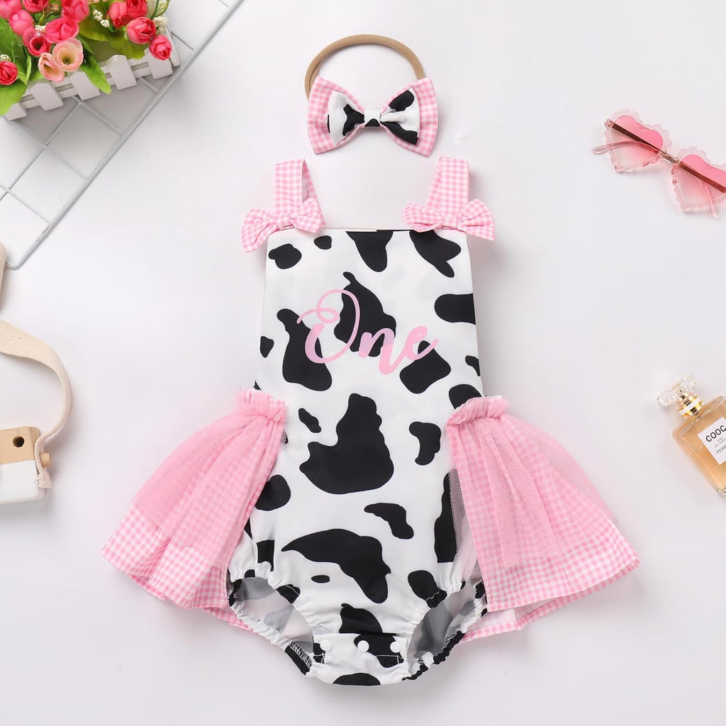 Baby Girls Cow Print Tulle Tutu Romper Dresses with Headband First Birthday Party Cake Smash Outfit Photo Shoot