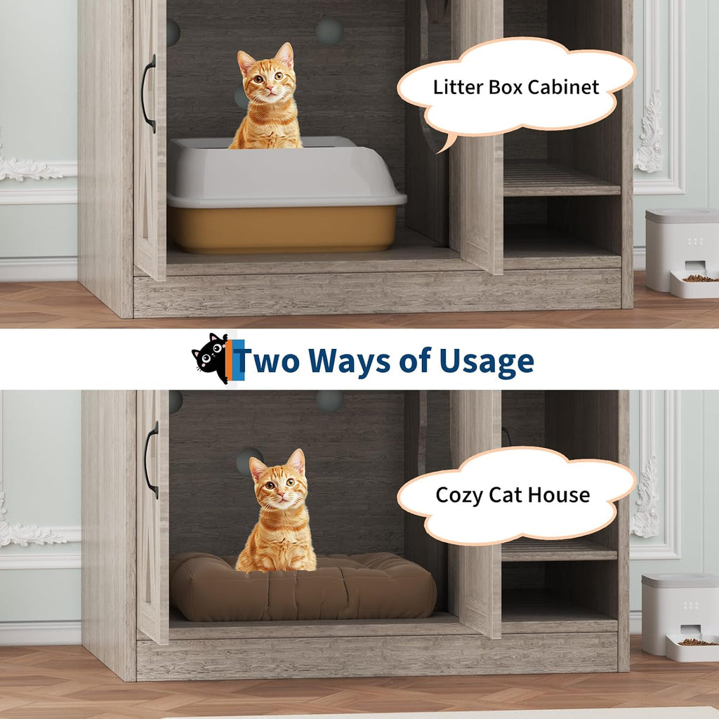 Cat Litter Box Enclosure, Hidden Litter Box Furniture with Divider, Indoor Cat House, Wooden Cat Washroom Storage