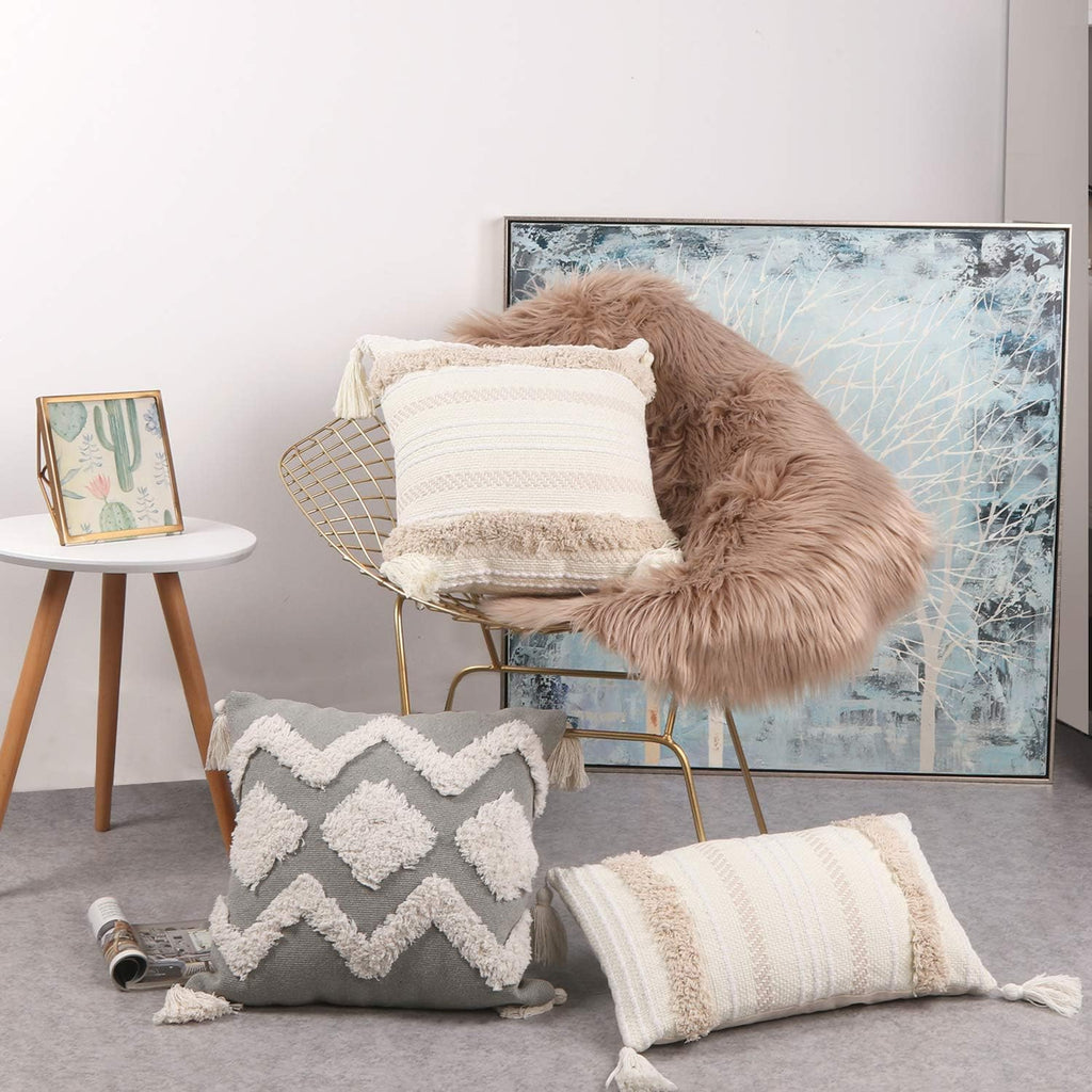 Lumbar Decorative Boho Throw Pillow Cover, 12 x 20 Farmhouse Cute Pillowcase Minimalist Neutral Collection Cream