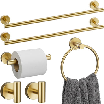 Brushed Gold Bathroom Accessories Set, 6 Pieces Bathroom Hardware Set Gold Bathroom Set, 24 Inch Towel Racks