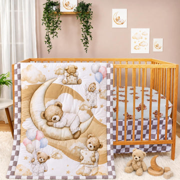 Baby Crib Bedding Set Bear Checked Neutral Nursery Comforter Bed Sets