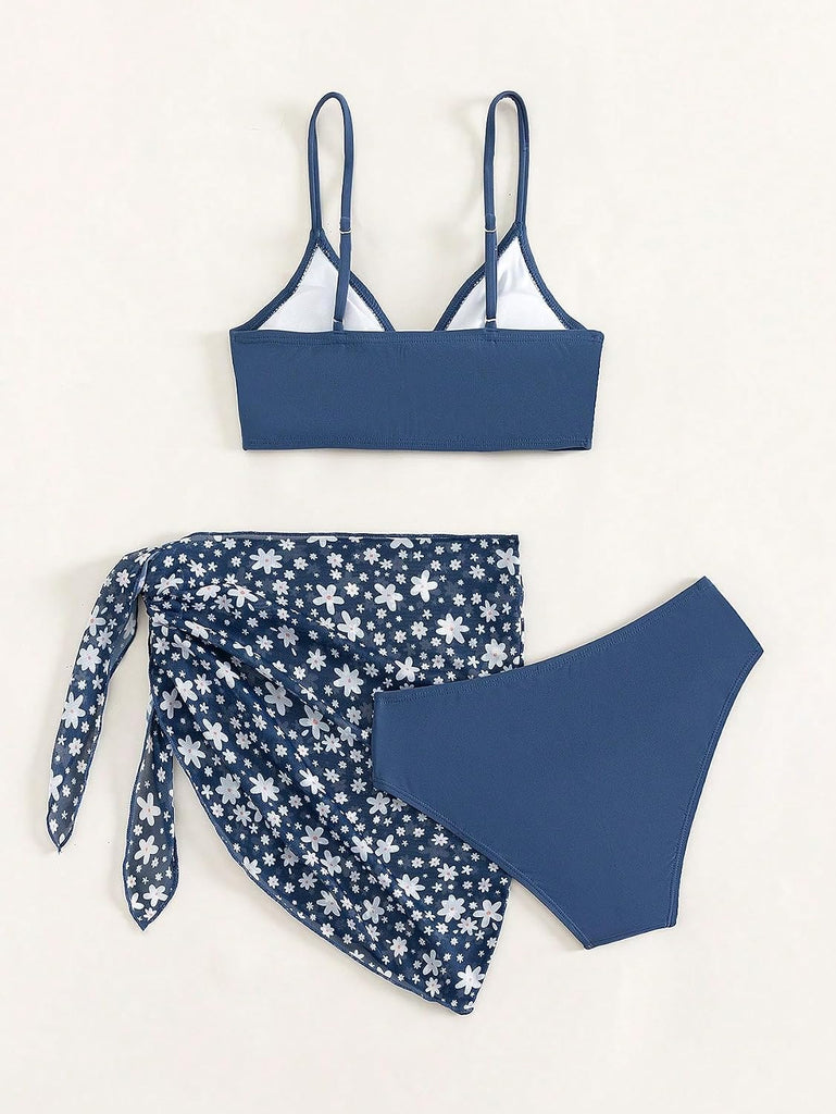 Girl's Cute 3 Piece Bikini Sets Ditsy Floral Beach Skirts Swimsuit