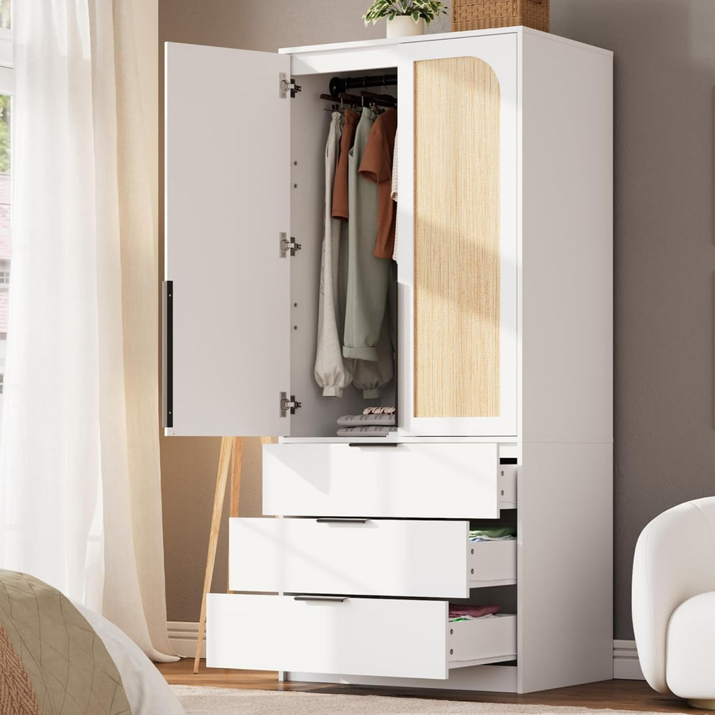 70" Wardrobe Armoire Wooden Closet with 3 Drawers, White | Bedroom Armoire with Hanging Rod Shelf, Large Capacity