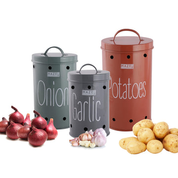 Onion Potato Garlic Storage Container Set of 3 | Galvanized Metal Canisters with Lids | Kitchen Vegetable Bins 80oz