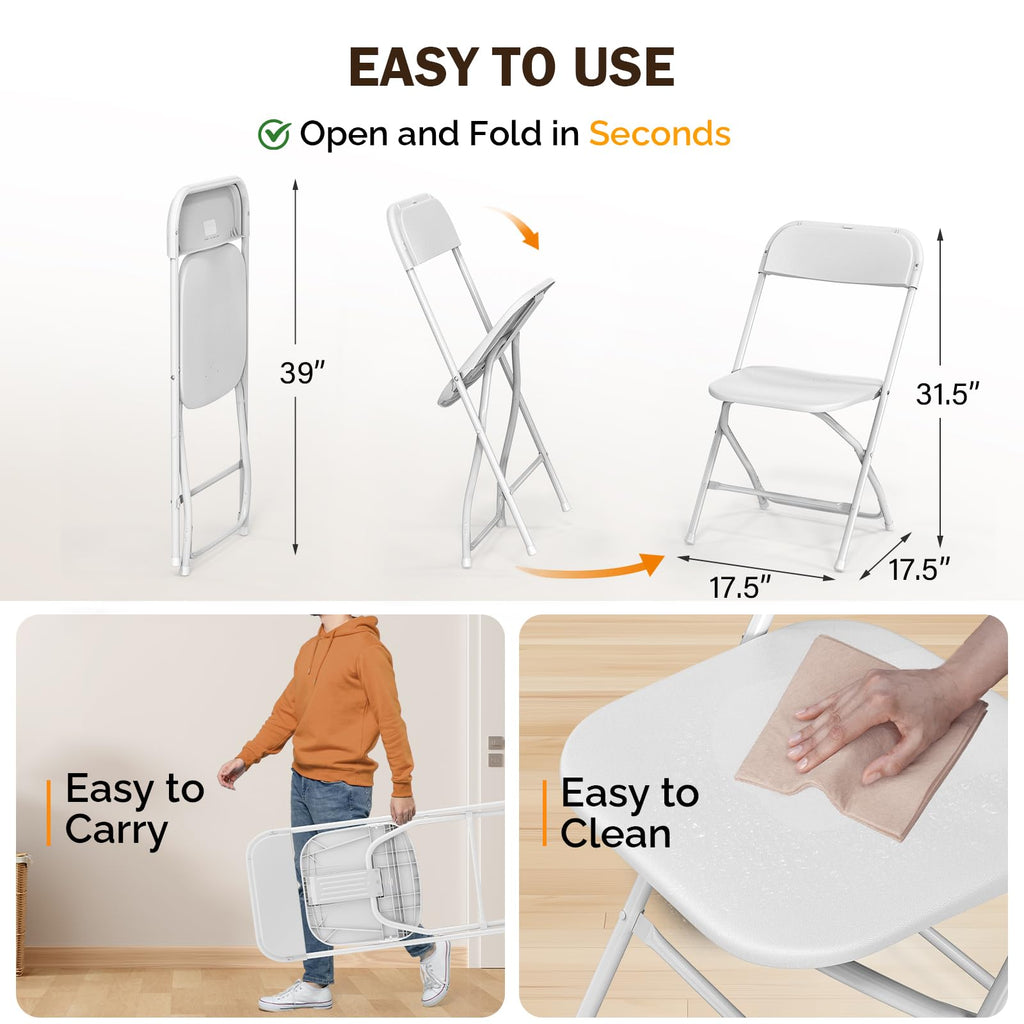 Folding Chairs Set of 4, White Plastic Chair Sturdy Seat with Metal Frame, Perfect for Party, Event, Wedding