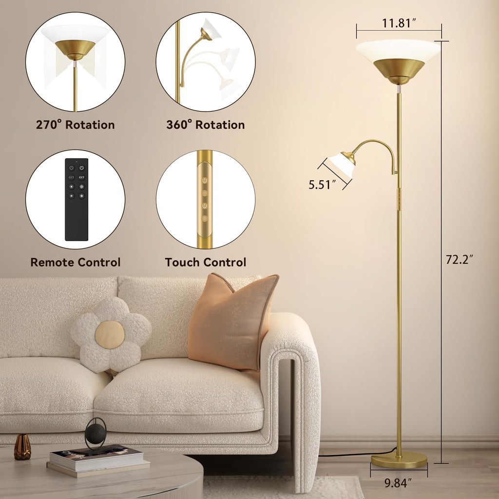 2-in-1 Torchiere Floor Lamp, 34W Super Bright LED Standing Lamp with Remote & Touch Control, 72" Dimmable Adjustable