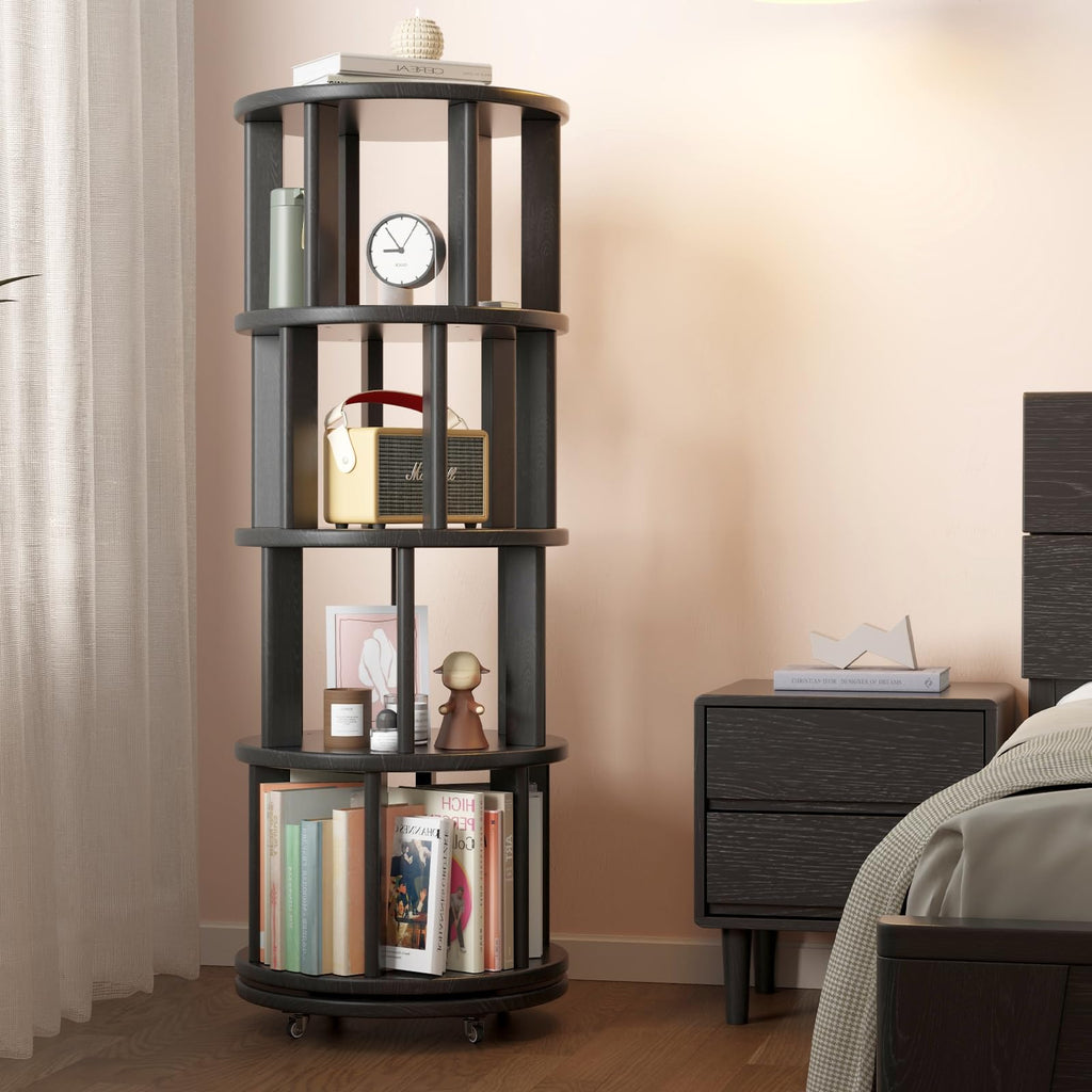 4 Tier Solid Wood Rotating Bookshelf Tower on Wheels, Black