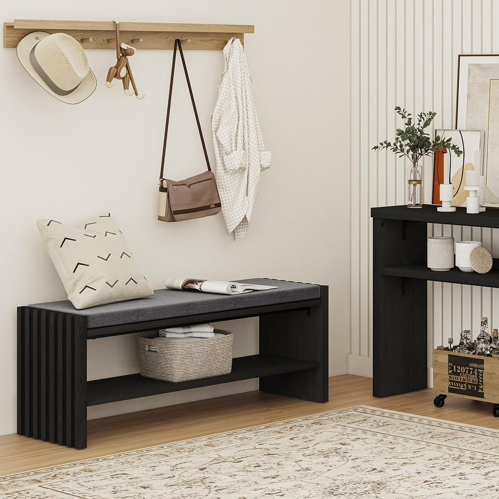 Entryway Shoe Bench with Storage & Cushion for Mudroom, Black