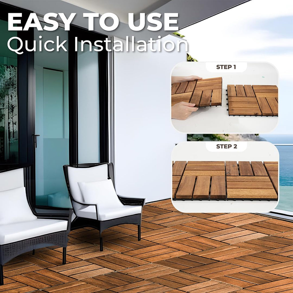 Premium Acacia Wood Interlocking Deck Tiles - Set of 9 pcs, 12"x12", Waterproof Outdoor Patio Flooring