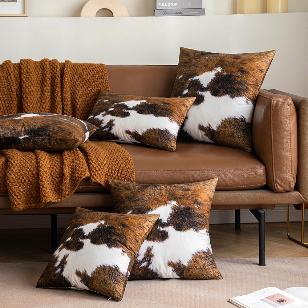 Faux Fur Cowhide Throw Pillow Covers 16x16 Inch White Brown