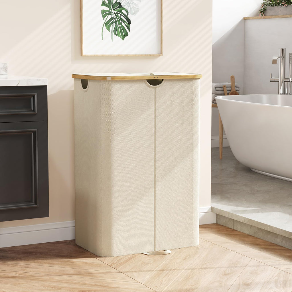 170L Double Laundry Hamper with Lid and Removable Bag, Beige