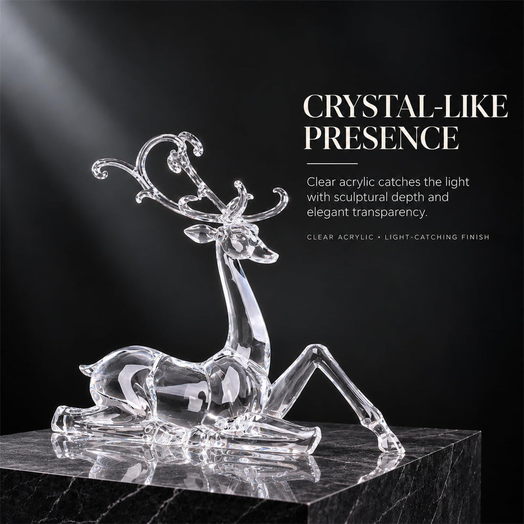 11.4" Tall Large Reindeer Christmas Decoration, Acrylic Clear Deer Figurine with Glass-Like Crystal Finish, High End