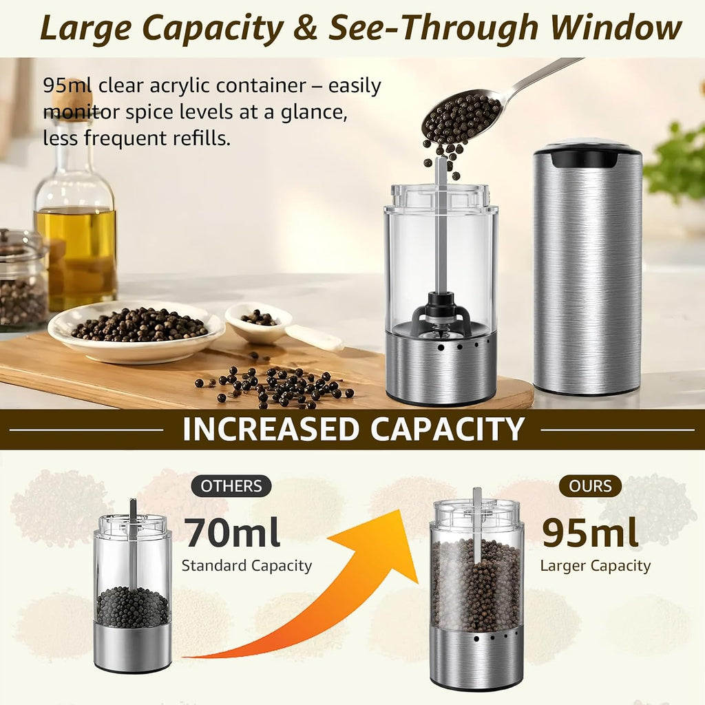 Electric Salt and Pepper Grinder Set Type-C Charging, 6 Levels, LED Light - Set of 2
