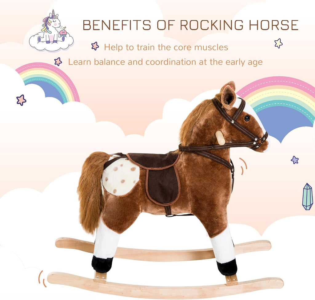 Kids Rocking Horse Plush for Boys Girls with Realistic Sounds Brown